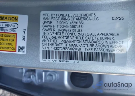 2025 Honda Accord Hybrid Sport из США, поврежденный, VIN 1HGCY2F56SA029490